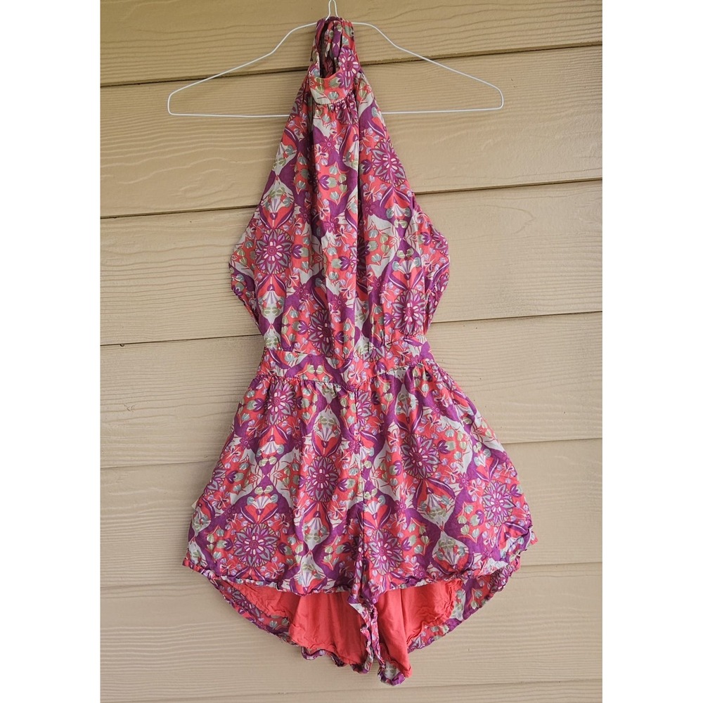 Free People Coral Tides Halter Neck Romper in Hollyhock Combo Sz S Tie Open Back